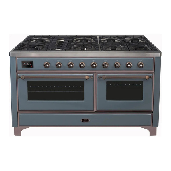 ILVE UM15FDNS3BGBLP Majestic II 60 inch Dual Fuel Range with 9 Burners, Griddle (Liquid Propane, Triple Glass Door, Blue Grey, Burnished)