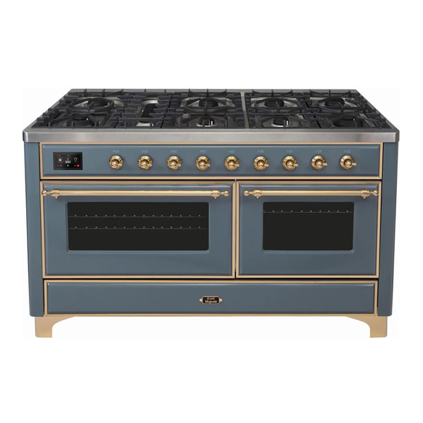 ILVE UM15FDNS3BGGLP Majestic II 60 inch Dual Fuel Range with 9 Burners, Griddle (Liquid Propane, Triple Glass Door, Blue Grey, Brass)