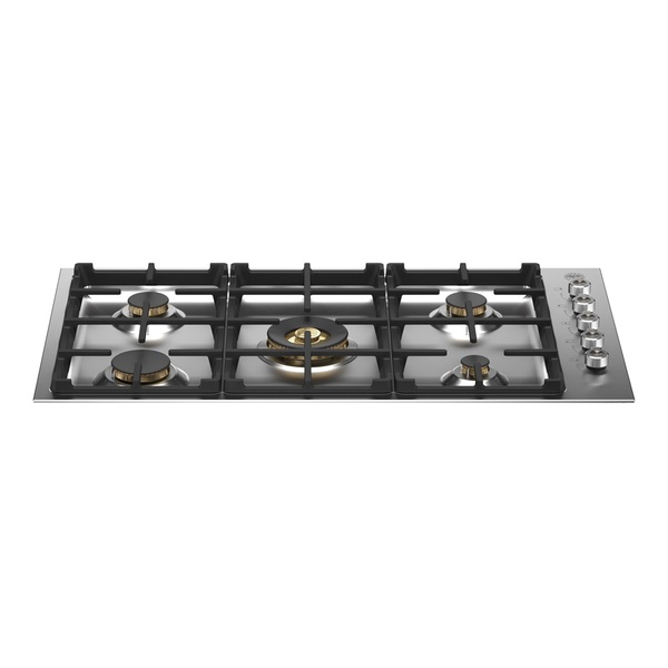 Bertazzoni PROF365QBXT 36 inch Professional Series Drop-In Gas Cooktop with 5 Brass Burners, Cast Iron Grates, Failsafe Thermocouple Technology, Seamless One-Piece Worktop, in Stainless Steel (Natural Gas)