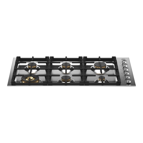 Bertazzoni PROF366QBXT 36 inch Professional Series Drop In Gas Cooktop with 6 Brass Burners, Cast Iron Grates, Fail-Safe Thermocouple Technology, in Stainless Steel  (Natural Gas)