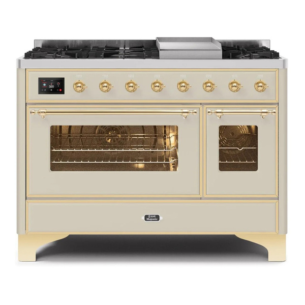 ILVE UM12FDNS3AWGLP Majestic II 48 inch Dual Fuel Range with 8 Burners, Griddle (Liquid Propane, Triple Glass Door, Antique White, Brass)