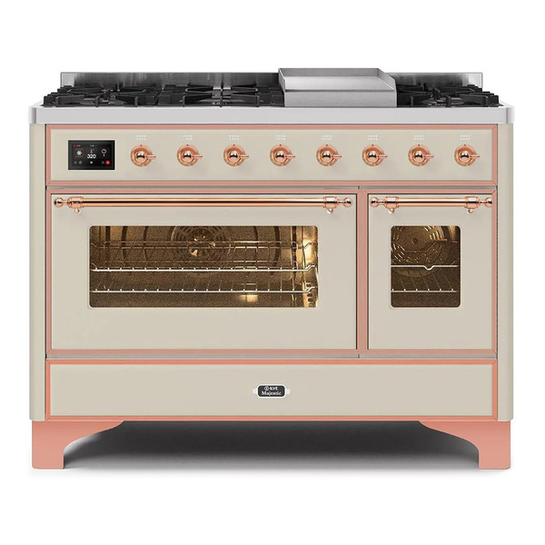 ILVE UM12FDNS3AWPLP Majestic II 48 inch Dual Fuel Range with 8 Burners, Griddle (Liquid Propane, Triple Glass Door, Antique White, Copper)