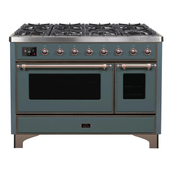 ILVE UM12FDNS3BGB Majestic II 48 inch Dual Fuel Range with 8 Burners, Griddle (Natural Gas, Triple Glass Door, Blue Grey, Burnished)