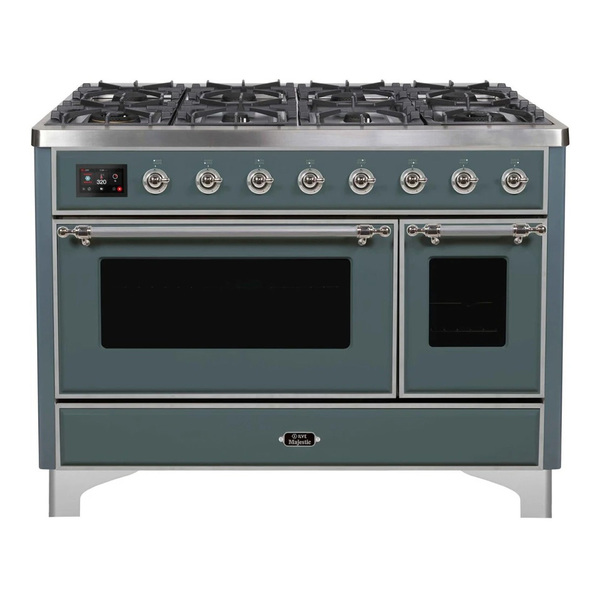 ILVE UM12FDNS3BGCLP Majestic II 48 inch Dual Fuel Range with 8 Burners, Griddle (Liquid Propane, Triple Glass Door, Blue Grey, Chrome)