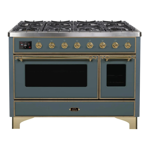 ILVE UM12FDNS3BGGLP Majestic II 48 inch Dual Fuel Range with 8 Burners, Griddle (Liquid Propane, Triple Glass Door, Blue Grey, Brass)