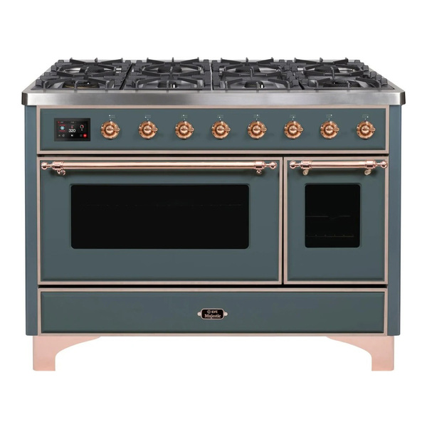 ILVE UM12FDNS3BGPLP Majestic II 48 inch Dual Fuel Range with 8 Burners, Griddle (Liquid Propane, Triple Glass Door, Blue Grey, Copper)