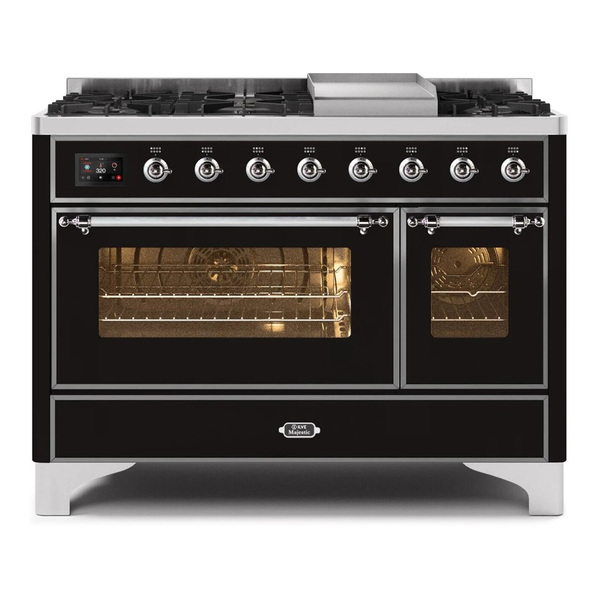 ILVE UM12FDNS3BKCLP Majestic II 48 inch Dual Fuel Range with 8 Burners, Griddle (Liquid Propane, Triple Glass Door, Glossy Black, Chrome)