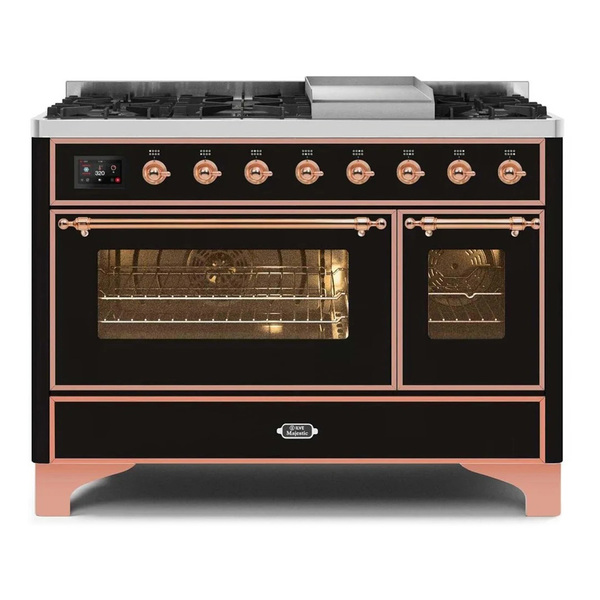 ILVE UM12FDNS3BKPLP Majestic II 48 inch Dual Fuel Range with 8 Burners, Griddle (Liquid Propane, Triple Glass Door, Glossy Black, Copper)