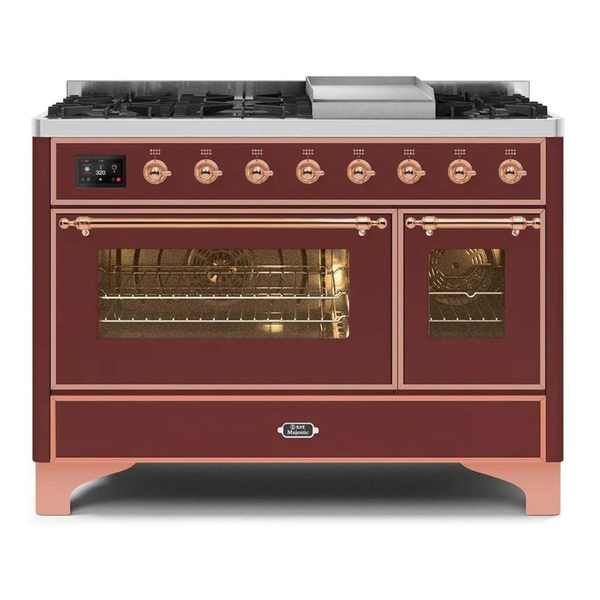 ILVE UM12FDNS3BUPLP Majestic II 48 inch Dual Fuel Range with 8 Burners, Griddle (Liquid Propane, Triple Glass Door, Burgundy, Copper)
