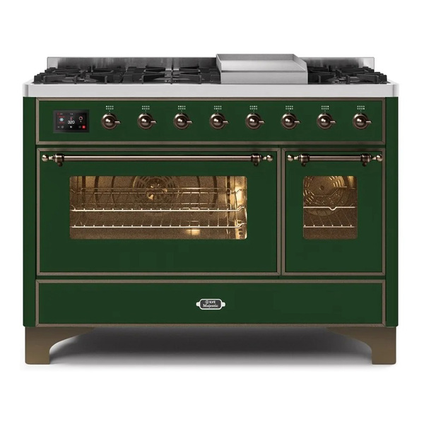 ILVE UM12FDNS3EGBLP Majestic II 48 inch Dual Fuel Range with 8 Burners, Griddle (Liquid Propane, Triple Glass Door, Emerald Green, Burnished)