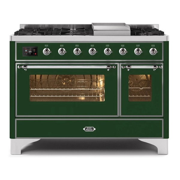 ILVE UM12FDNS3EGCLP Majestic II 48 inch Dual Fuel Range with 8 Burners, Griddle (Liquid Propane, Triple Glass Door, Emerald Green, Chrome)