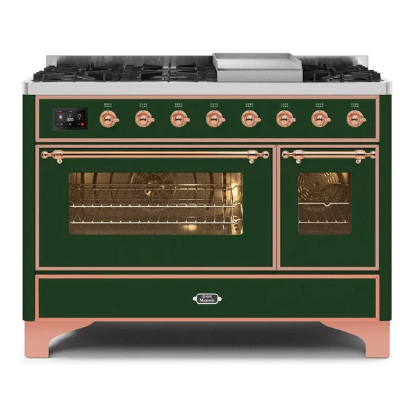 ILVE UM12FDNS3EGPLP Majestic II 48 inch Dual Fuel Range with 8 Burners, Griddle (Liquid Propane, Triple Glass Door, Emerald Green, Copper)