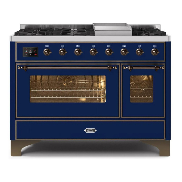 ILVE UM12FDNS3MBB Majestic II 48 inch Dual Fuel Range with 8 Burners, Griddle (Natural Gas, Triple Glass Door, Midnight Blue, Burnished)