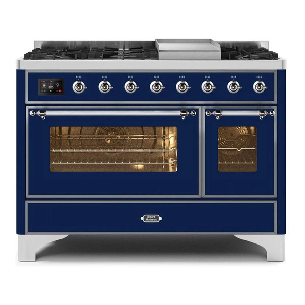 ILVE UM12FDNS3MBCLP Majestic II 48 inch Dual Fuel Range with 8 Burners, Griddle (Liquid Propane, Triple Glass Door, Midnight Blue, Chrome)