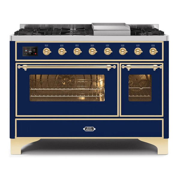 ILVE UM12FDNS3MBGLP Majestic II 48 inch Dual Fuel Range with 8 Burners, Griddle (Liquid Propane, Triple Glass Door, Midnight Blue, Brass)