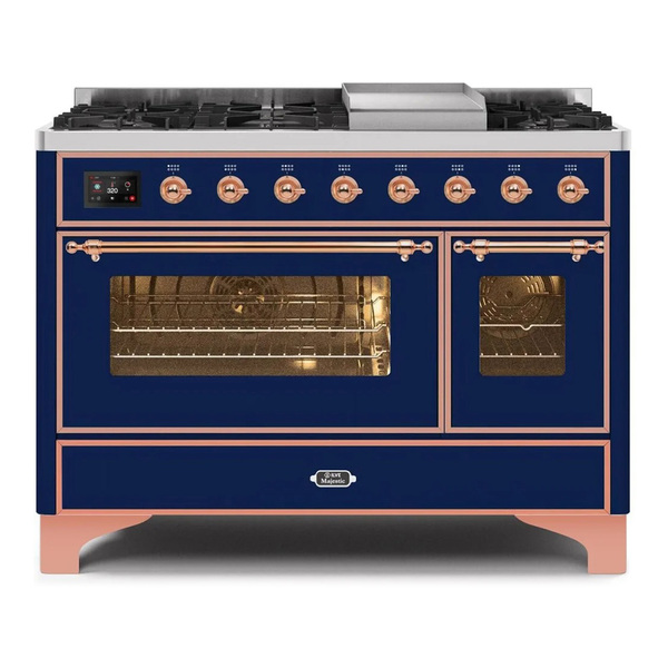 ILVE UM12FDNS3MBPLP Majestic II 48 inch Dual Fuel Range with 8 Burners, Griddle (Liquid Propane, Triple Glass Door, Midnight Blue, Copper)