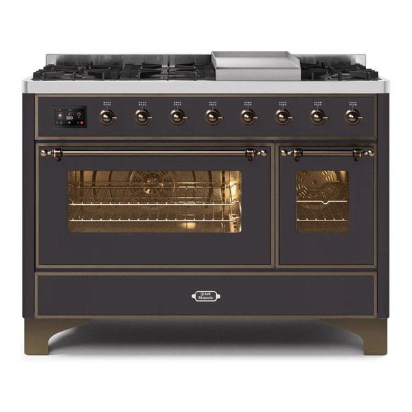 ILVE UM12FDNS3MGB Majestic II 48 inch Dual Fuel Range with 8 Burners, Griddle (Natural Gas, Triple Glass Door, Graphite Matte, Burnished)