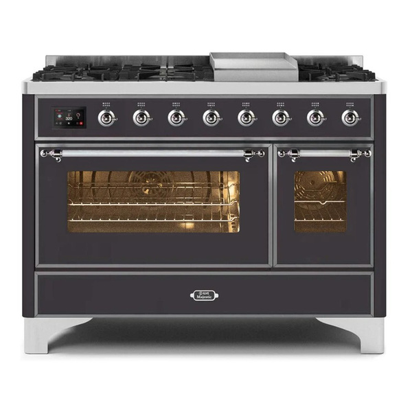ILVE UM12FDNS3MGCLP Majestic II 48 inch Dual Fuel Range with 8 Burners, Griddle (Liquid Propane, Triple Glass Door, Graphite Matte, Chrome)