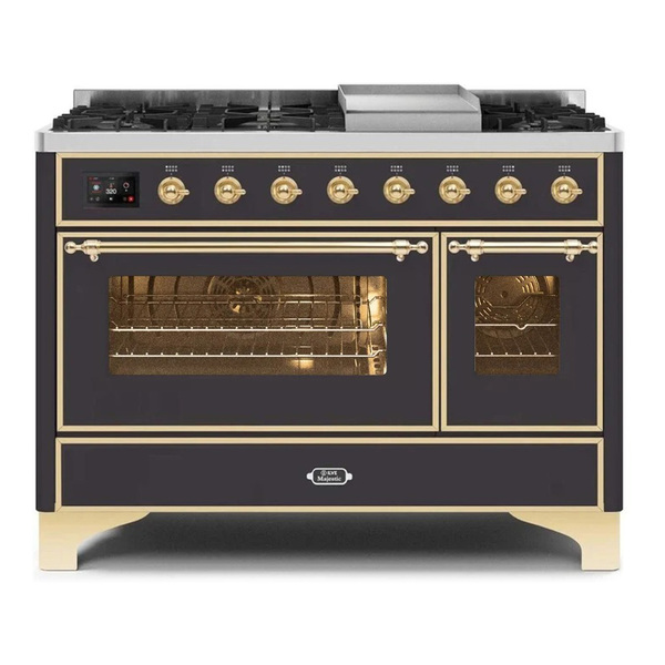 ILVE UM12FDNS3MGG Majestic II 48 inch Dual Fuel Range with 8 Burners, Griddle (Natural Gas, Triple Glass Door, Graphite Matte, Brass)
