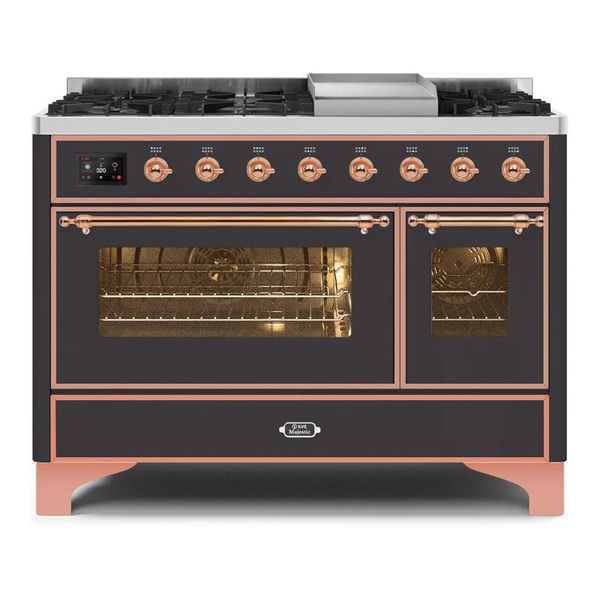 ILVE UM12FDNS3MGP Majestic II 48 inch Dual Fuel Range with 8 Burners, Griddle (Natural Gas, Triple Glass Door, Graphite Matte, Copper)