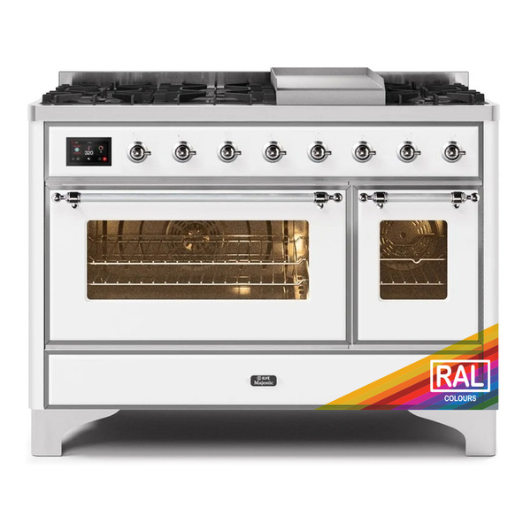 ILVE UM12FDNS3RACLP Majestic II 48 inch Dual Fuel Range with 8 Burners, Griddle (Liquid Propane, Triple Glass Door, RAL, Chrome)