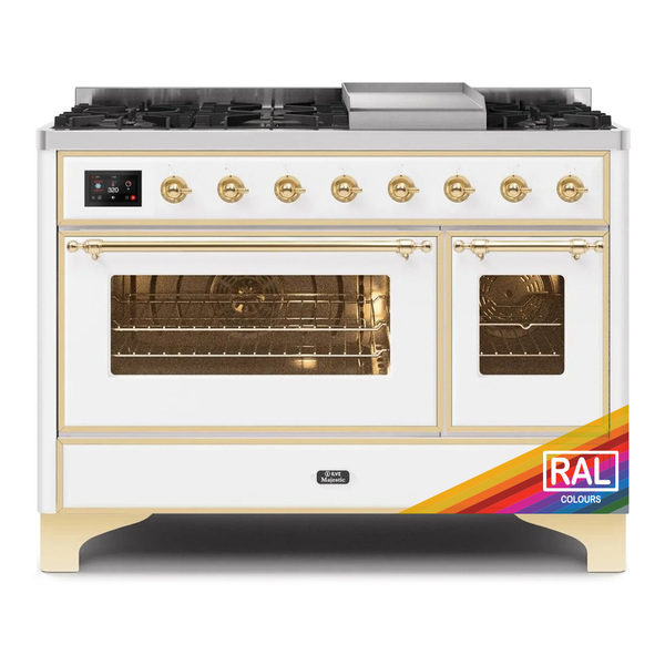 ILVE UM12FDNS3RAGLP Majestic II 48 inch Dual Fuel Range with 8 Burners, Griddle (Liquid Propane, Triple Glass Door, RAL, Brass)