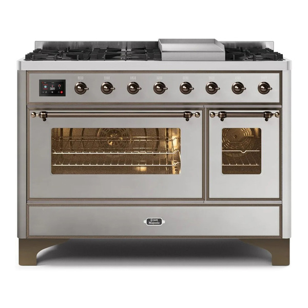 ILVE UM12FDNS3SSBLP Majestic II 48 inch Dual Fuel Range with 8 Burners, Griddle (Liquid Propane, Triple Glass Door, Stainless Steel, Burnished)
