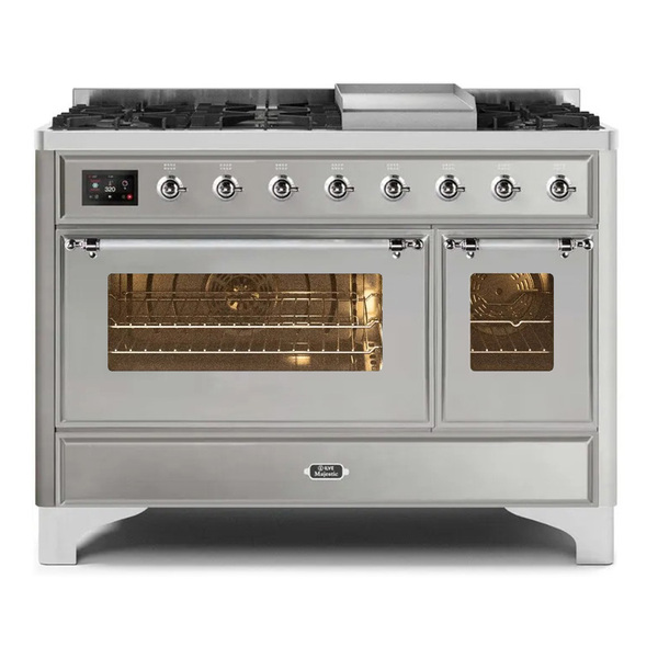 ILVE UM12FDNS3SSCLP Majestic II 48 inch Dual Fuel Range with 8 Burners, Griddle (Liquid Propane, Triple Glass Door, Stainless Steel, Chrome)