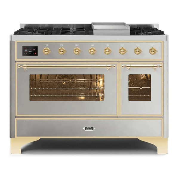 ILVE UM12FDNS3SSGLP Majestic II 48 inch Dual Fuel Range with 8 Burners, Griddle (Liquid Propane, Triple Glass Door, Stainless Steel, Brass)