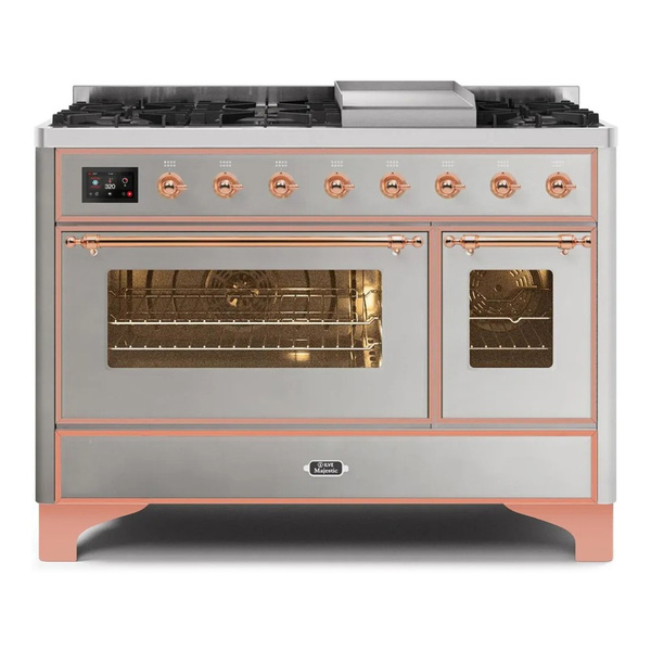 ILVE UM12FDNS3SSP Majestic II 48 inch Dual Fuel Range with 8 Burners, Griddle (Natural Gas, Triple Glass Door, Stainless Steel, Copper)