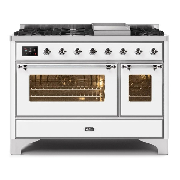 ILVE UM12FDNS3WHCLP Majestic II 48 inch Dual Fuel Range with 8 Burners, Griddle (Liquid Propane, Triple Glass Door, White, Chrome)