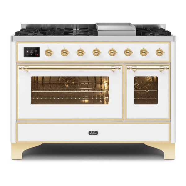 ILVE UM12FDNS3WHGLP Majestic II 48 inch Dual Fuel Range with 8 Burners, Griddle (Liquid Propane, Triple Glass Door, White, Brass)