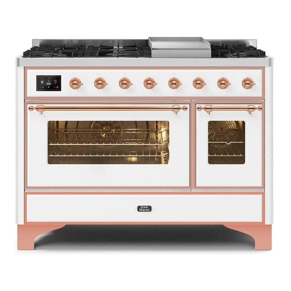 ILVE UM12FDNS3WHPLP Majestic II 48 inch Dual Fuel Range with 8 Burners, Griddle (Liquid Propane, Triple Glass Door, White, Copper)