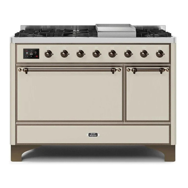 ILVE UM12FDQNS3AWBLP Majestic II 48 inch Dual Fuel Range with 8 Burners, Griddle (Liquid Propane, Solid Door, Antique White, Burnished)