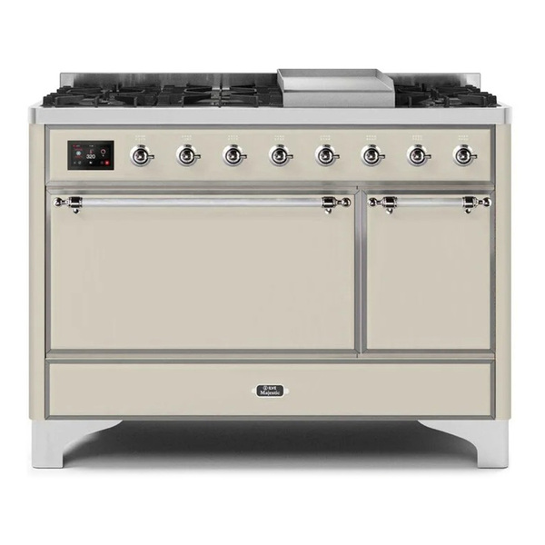 ILVE UM12FDQNS3AWCLP Majestic II 48 inch Dual Fuel Range with 8 Burners, Griddle (Liquid Propane, Solid Door, Antique White, Chrome)