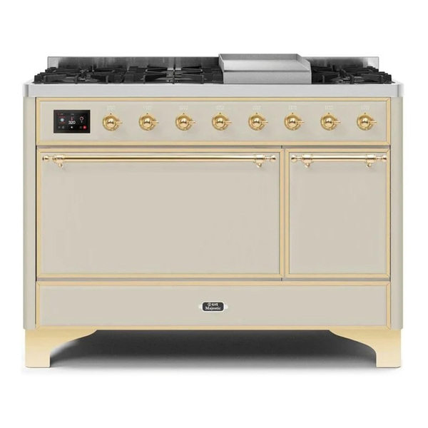 ILVE UM12FDQNS3AWGLP Majestic II 48 inch Dual Fuel Range with 8 Burners, Griddle (Liquid Propane, Solid Door, Antique White, Brass)