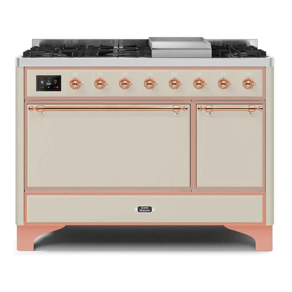 ILVE UM12FDQNS3AWPLP Majestic II 48 inch Dual Fuel Range with 8 Burners, Griddle (Liquid Propane, Solid Door, Antique White, Copper)