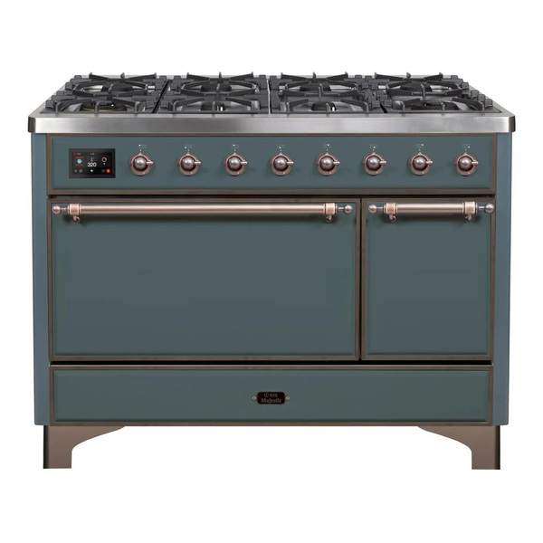 ILVE UM12FDQNS3BGBLP Majestic II 48 inch Dual Fuel Range with 8 Burners, Griddle (Liquid Propane, Solid Door, Blue Grey, Burnished)