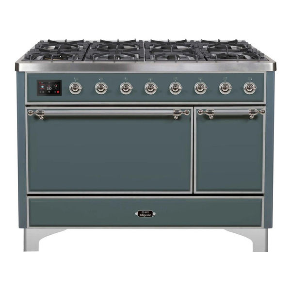 ILVE UM12FDQNS3BGCLP Majestic II 48 inch Dual Fuel Range with 8 Burners, Griddle (Liquid Propane, Solid Door, Blue Grey, Chrome)