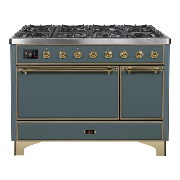 ILVE UM12FDQNS3BGGLP Majestic II 48 inch Dual Fuel Range with 8 Burners, Griddle (Liquid Propane, Solid Door, Blue Grey, Brass)