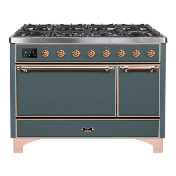 ILVE UM12FDQNS3BGPLP Majestic II 48 inch Dual Fuel Range with 8 Burners, Griddle (Liquid Propane, Solid Door, Blue Grey, Copper)