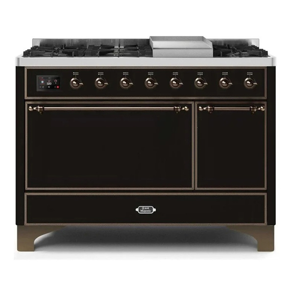 ILVE UM12FDQNS3BKB Majestic II 48 inch Dual Fuel Range with 8 Burners, Griddle (Natural Gas, Solid Door, Glossy Black, Burnished)