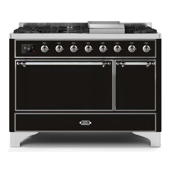 ILVE UM12FDQNS3BKCLP Majestic II 48 inch Dual Fuel Range with 8 Burners, Griddle (Liquid Propane, Solid Door, Glossy Black, Chrome)