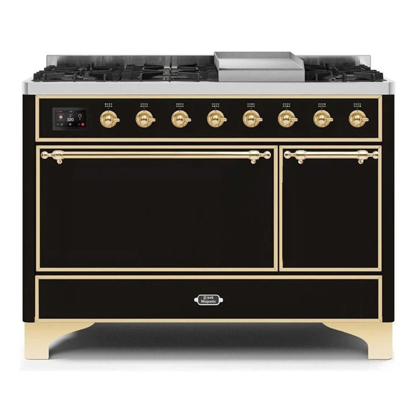 ILVE UM12FDQNS3BKG Majestic II 48 inch Dual Fuel Range with 8 Burners, Griddle (Natural Gas, Solid Door, Glossy Black, Brass)