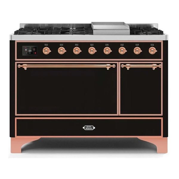 ILVE UM12FDQNS3BKPLP Majestic II 48 inch Dual Fuel Range with 8 Burners, Griddle (Liquid Propane, Solid Door, Glossy Black, Copper)