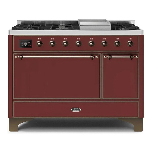 ILVE UM12FDQNS3BUBLP Majestic II 48 inch Dual Fuel Range with 8 Burners, Griddle (Liquid Propane, Solid Door, Burgundy, Burnished)