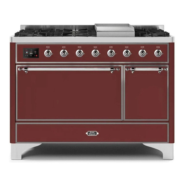 ILVE UM12FDQNS3BUC Majestic II 48 inch Dual Fuel Range with 8 Burners, Griddle (Natural Gas, Solid Door, Burgundy, Chrome)
