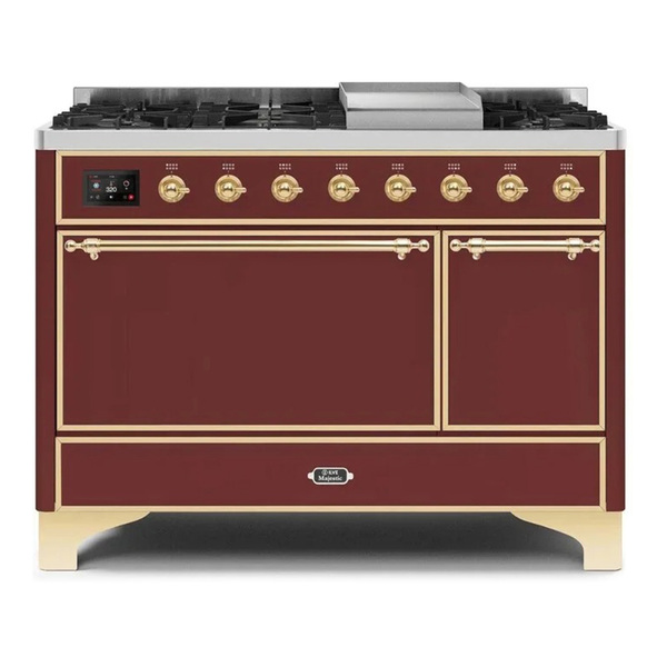ILVE UM12FDQNS3BUGLP Majestic II 48 inch Dual Fuel Range with 8 Burners, Griddle (Liquid Propane, Solid Door, Burgundy, Brass)