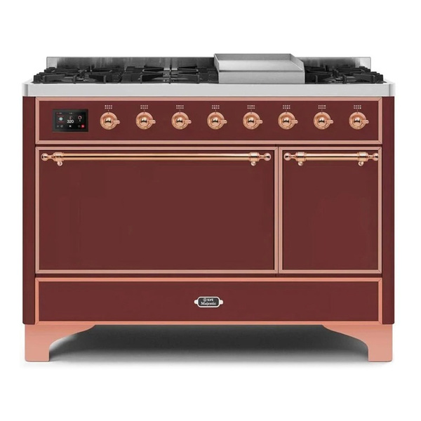 ILVE UM12FDQNS3BUPLP Majestic II 48 inch Dual Fuel Range with 8 Burners, Griddle (Liquid Propane, Solid Door, Burgundy, Copper)