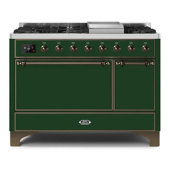 ILVE UM12FDQNS3EGBLP Majestic II 48 inch Dual Fuel Range with 8 Burners, Griddle (Liquid Propane, Solid Door, Emerald Green, Burnished)